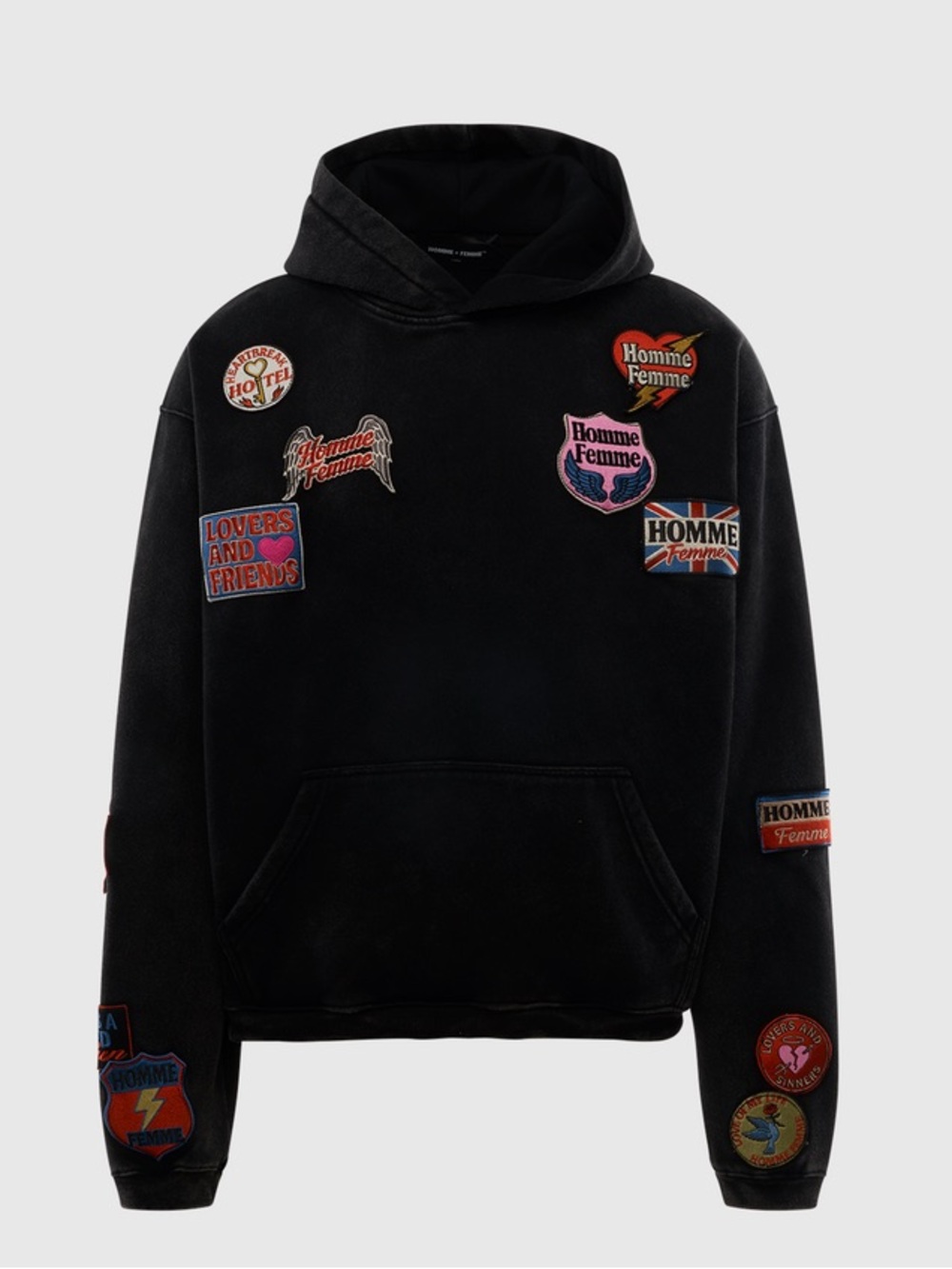 🆕 HOMME FEMME Hoodie Black Washed Embroidery Patchwork NWT